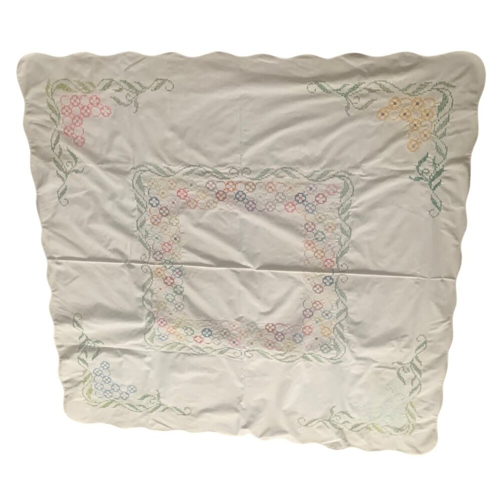 Vintage Hand Cross Stitch Floral Tablecloth with Scalloped Edges 48" x 51" Cotto